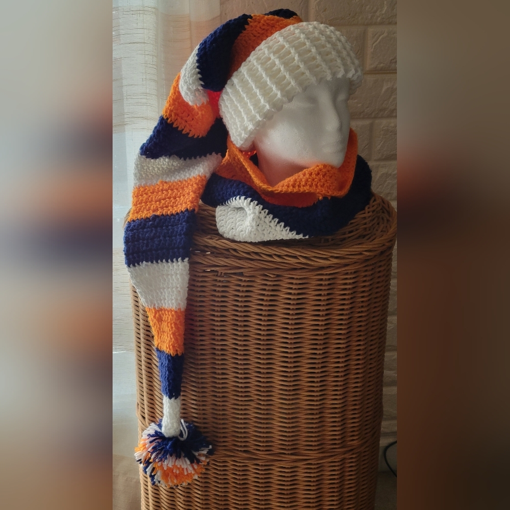Chicago Stocking Hat Cowl Scarf Set Orange Blue White Fan Day Wear UNISEX
